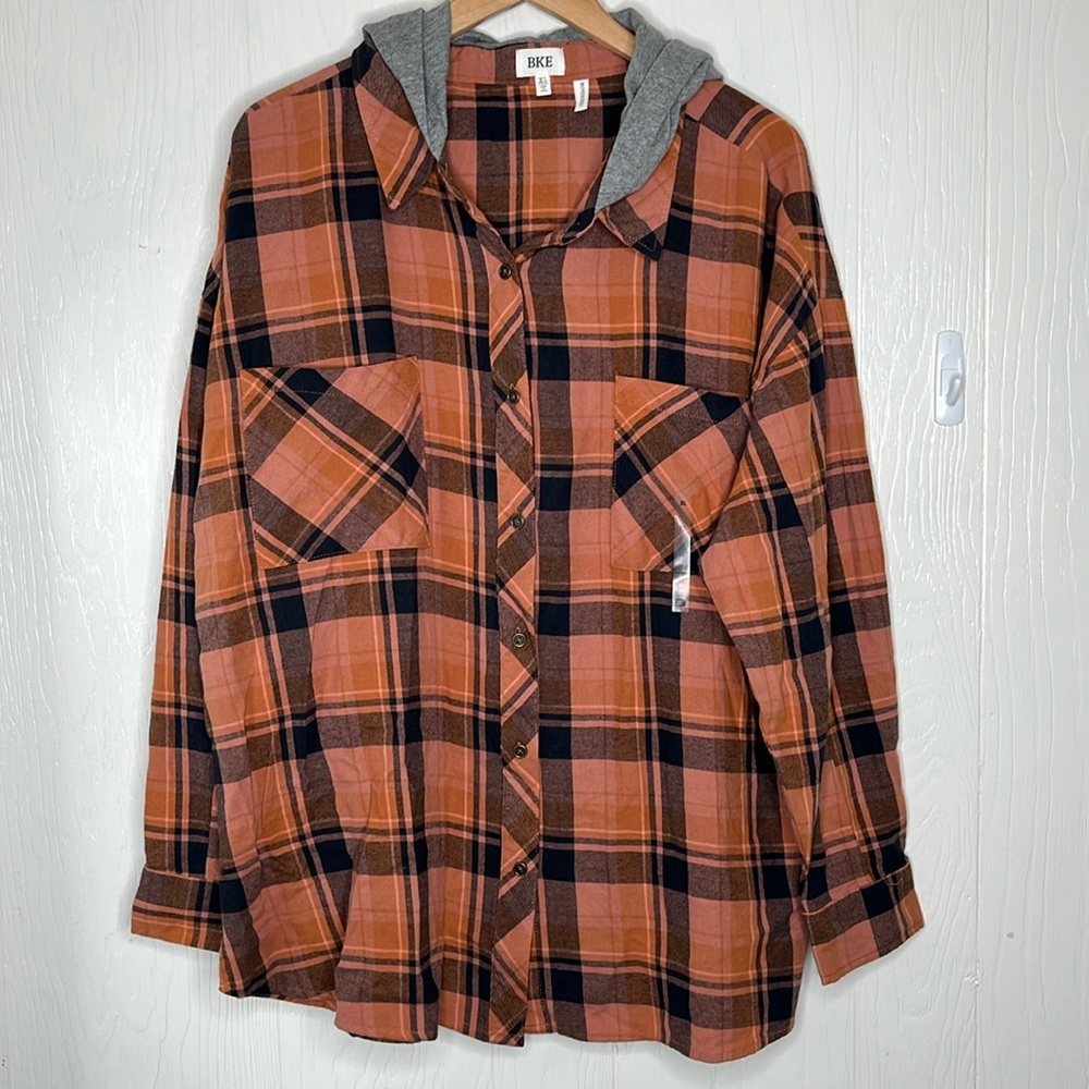BKE Hooded Boyfriend Flannel Shirt XL